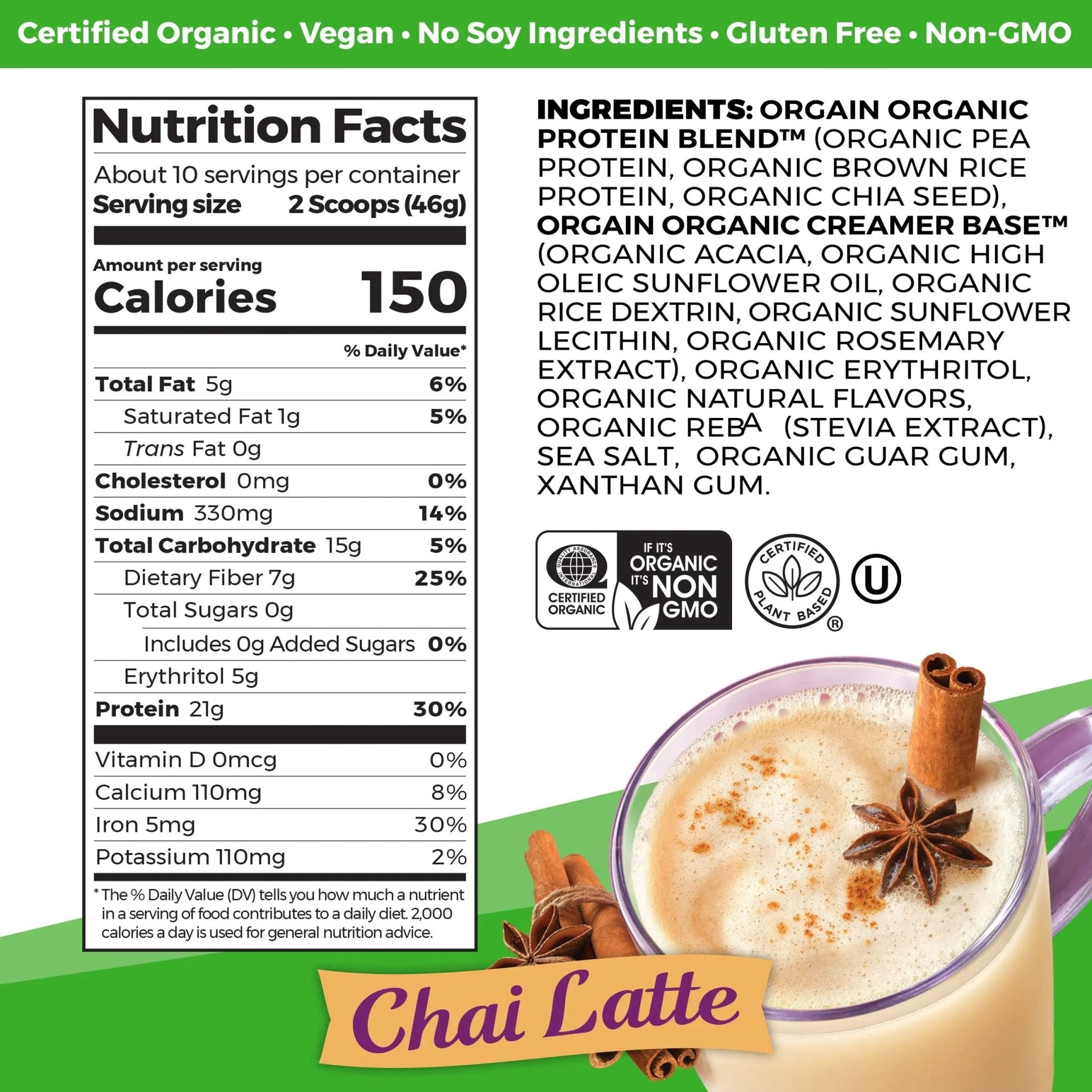 Orgain Organic Vegan Protein Powder, Chai Latte - 21g Plant Based Protein, Gluten Free - TrustMedUSA