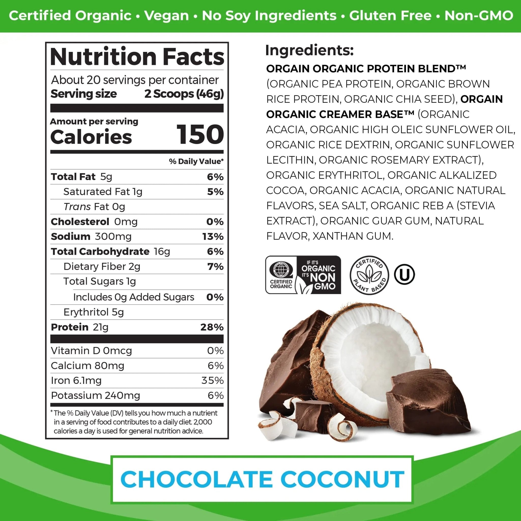 Orgain Organic Vegan Protein Powder, Chocolate Coconut - 21g of Plant Based Protein - TrustMedUSA
