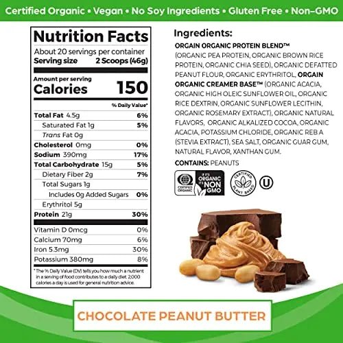 Orgain Organic Vegan Protein Powder, Chocolate Peanut Butter - 21g of Plant Based Protein - TrustMedUSA