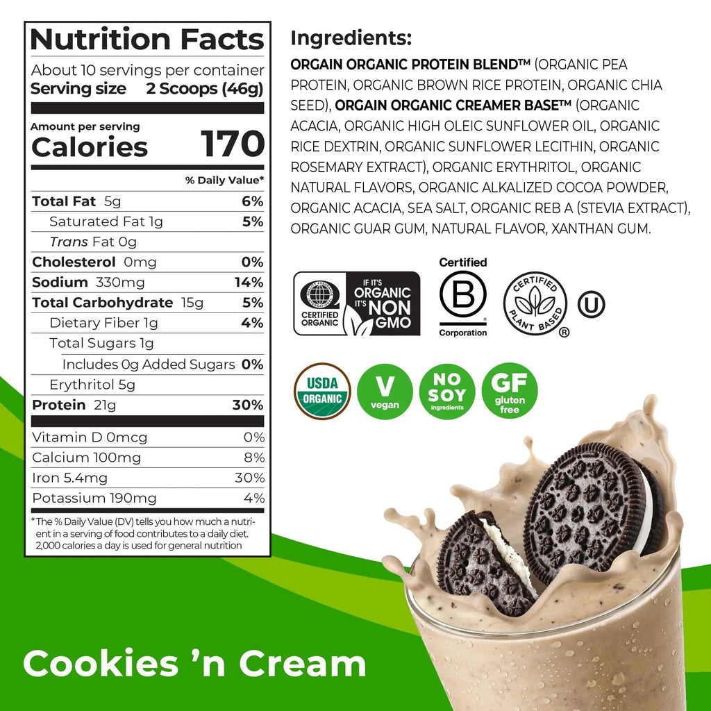 Orgain Organic Vegan Protein Powder, Cookies and Cream - 21g Plant Based Protein - TrustMedUSA