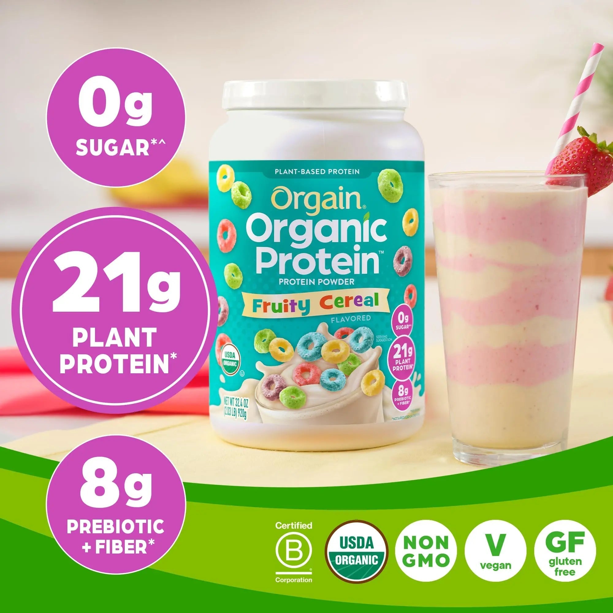 Orgain Organic Vegan Protein Powder, Fruity Cereal - 21g Plant Based Protein, Gluten Free - TrustMedUSA