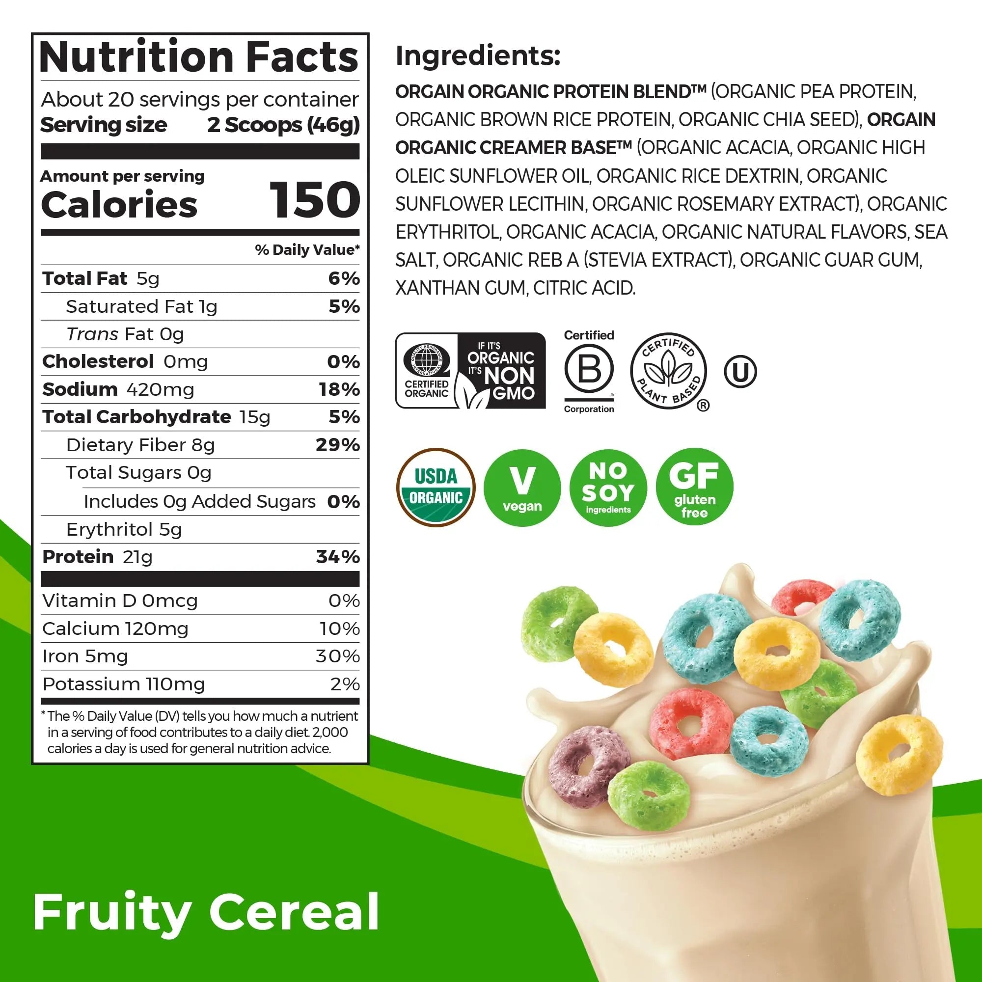Orgain Organic Vegan Protein Powder, Fruity Cereal - 21g Plant Based Protein, Gluten Free - TrustMedUSA
