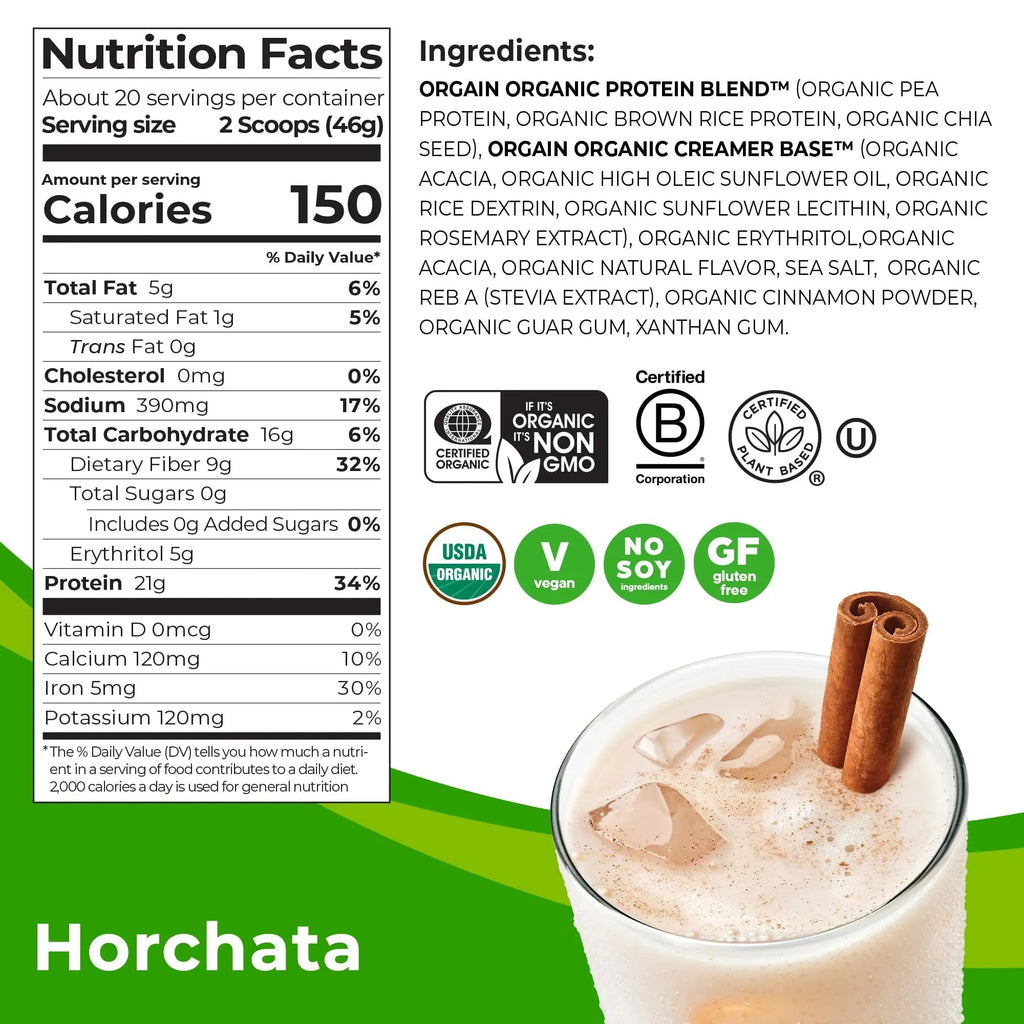 Orgain Organic Vegan Protein Powder, Horchata - 21g of Plant Based Protein, Low Net - TrustMedUSA