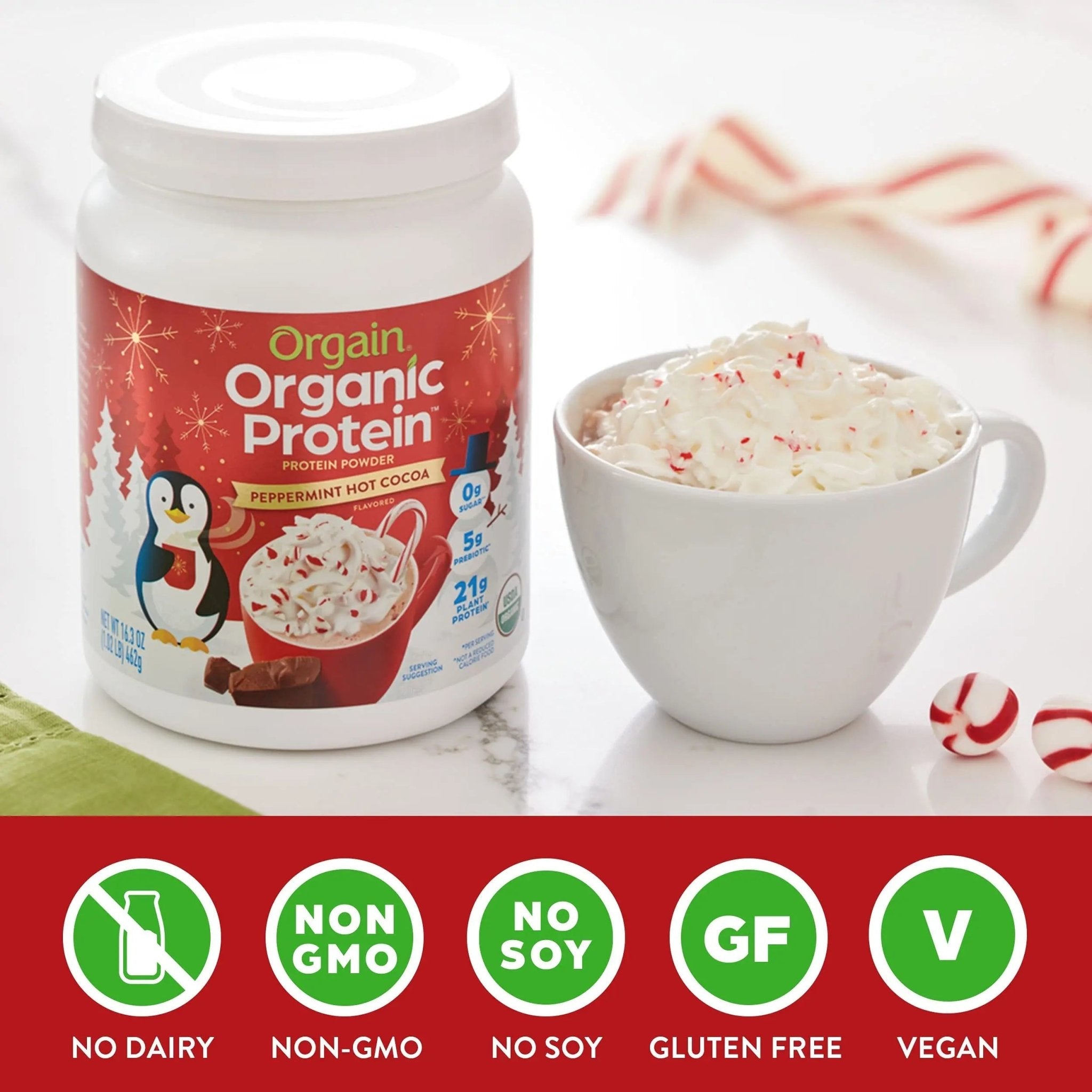 Orgain Organic Vegan Protein Powder, Peppermint Hot Cocoa Seasonal Holiday Flavor - TrustMedUSA