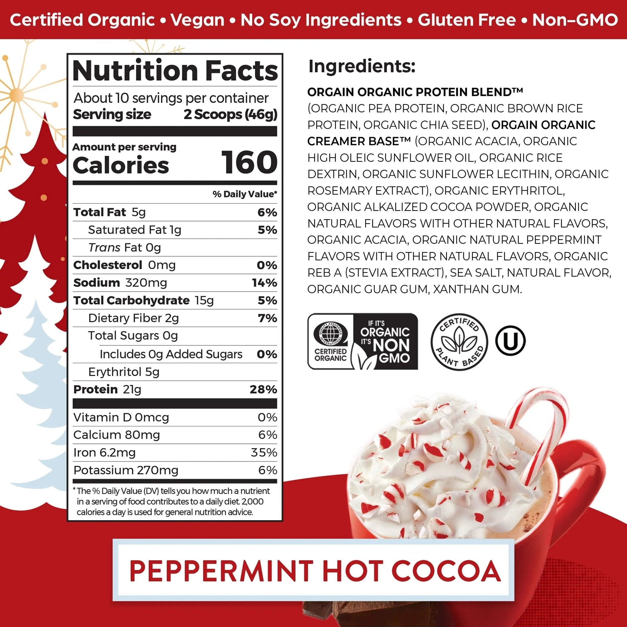 Orgain Organic Vegan Protein Powder, Peppermint Hot Cocoa Seasonal Holiday Flavor - TrustMedUSA