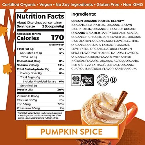 Orgain Organic Vegan Protein Powder, Pumpkin Spice - 21g of Plant Based Protein - TrustMedUSA