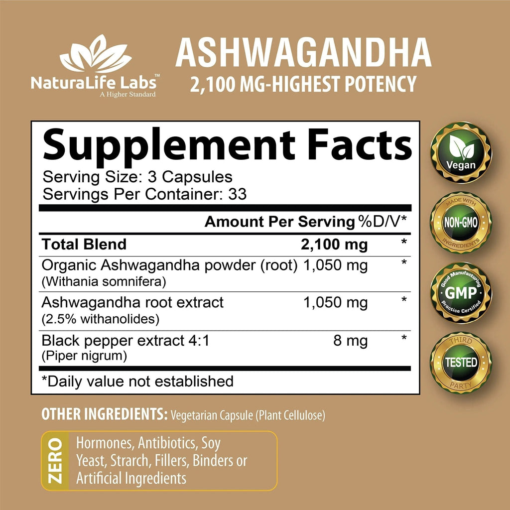 Organic Ashwagandha 2,100 mg - 100 Vegan Capsules Pure Organic Ashwagandha Powder - TrustMedUSA