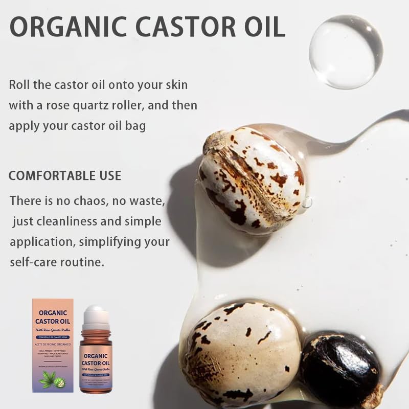 Organic Castor Oil with Rose Quartz Roller, Cold-Pressed Pure Organic Castor Oil Roller Ball for Hair Growth, Eyelashes, Eyebrows & Skin, 1.7 fl oz(1) - TrustMedUSA