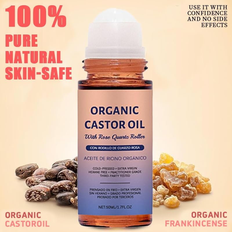 Organic Castor Oil with Rose Quartz Roller, Cold-Pressed Pure Organic Castor Oil Roller Ball for Hair Growth, Eyelashes, Eyebrows & Skin, 1.7 fl oz(1) - TrustMedUSA