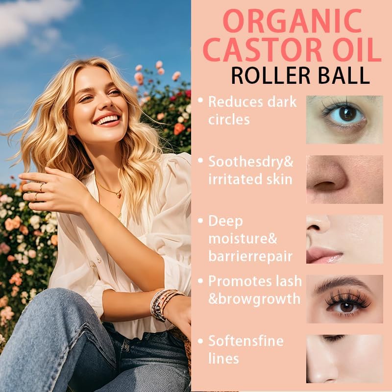 Organic Castor Oil with Rose Quartz Roller, Cold-Pressed Pure Organic Castor Oil Roller Ball for Hair Growth, Eyelashes, Eyebrows & Skin, 1.7 fl oz(1) - TrustMedUSA