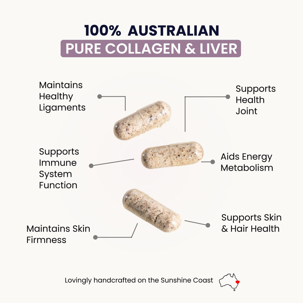 Organic Collagen Australia Pure Collagen & Liver Capsules – Muscle Strength & Vitality with Hydrolyzed Collagen, Grass-Fed Liver, and Vitamin B12 – 120 Capsules - Maple Wellness Supplements