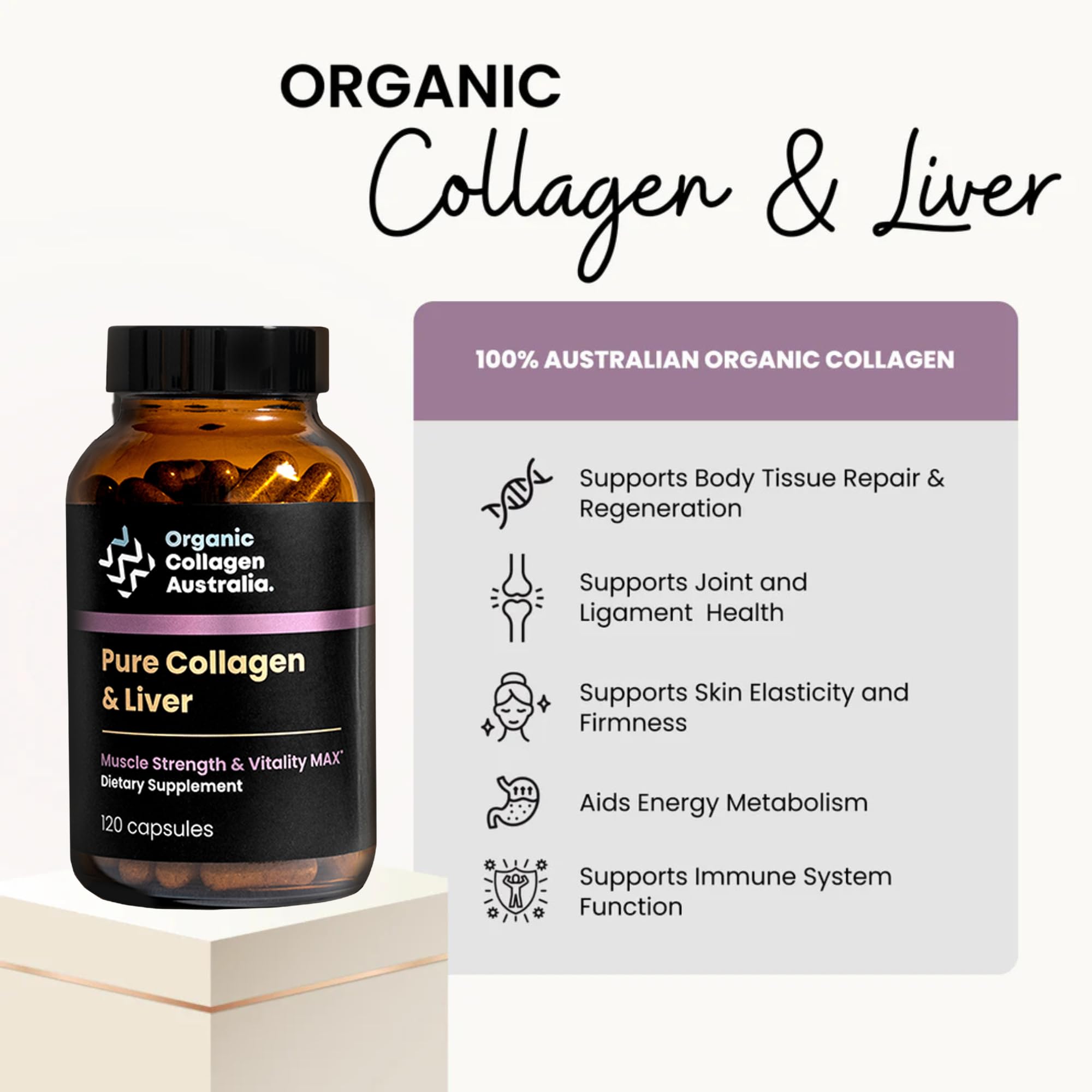 Organic Collagen Australia Pure Collagen & Liver Capsules – Muscle Strength & Vitality with Hydrolyzed Collagen, Grass-Fed Liver, and Vitamin B12 – 120 Capsules - Maple Wellness Supplements