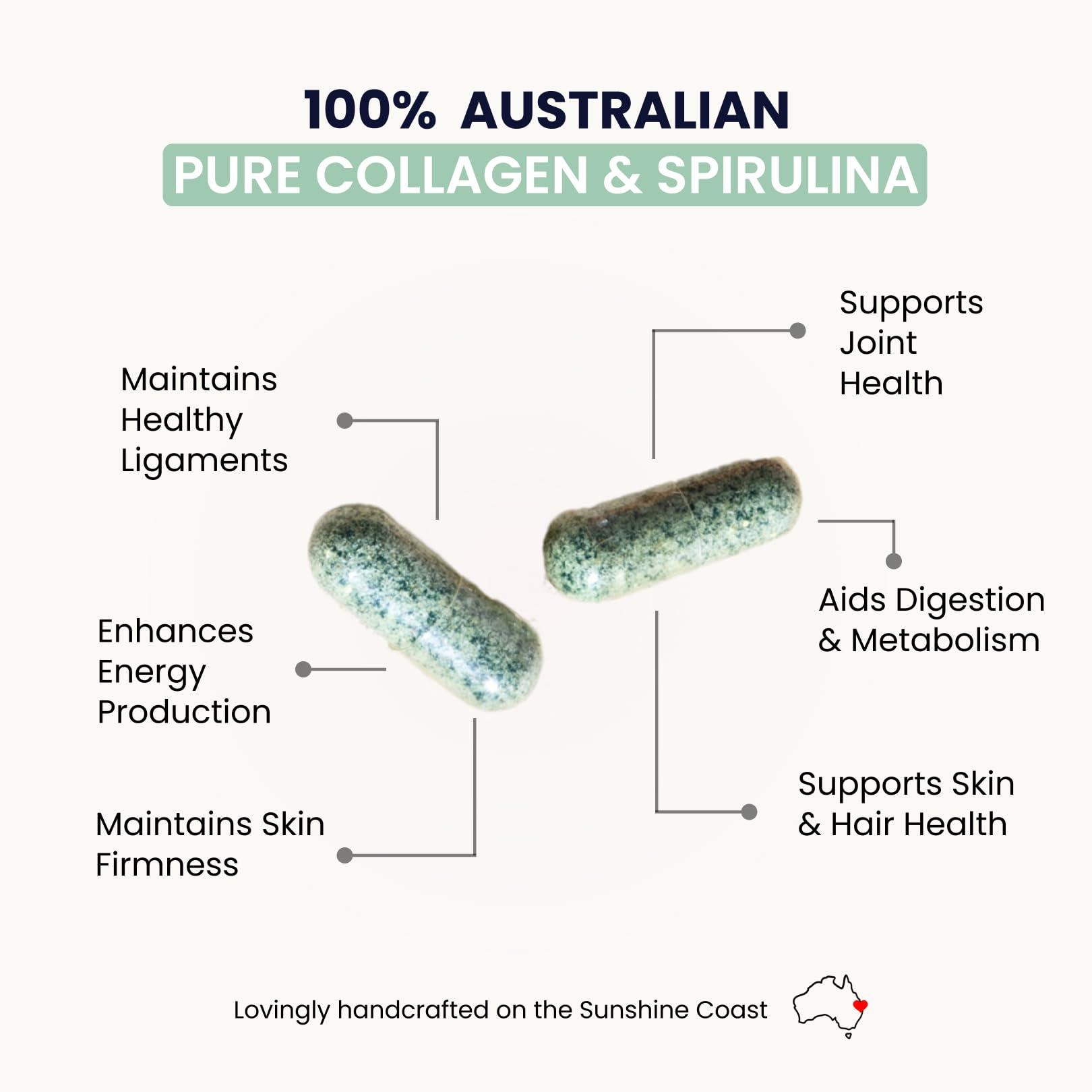Organic Collagen Australia Pure Collagen & Spirulina Capsules – Antioxidant-Rich Supplement for Skin Elasticity, Joint Health, Metabolism Support & Energy (120 Capsules) - Maple Wellness Supplements