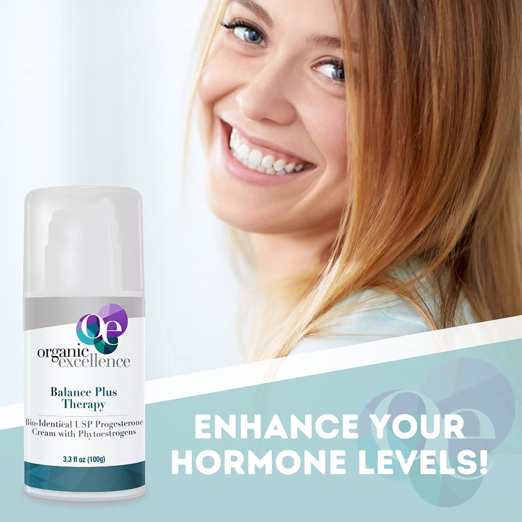 Organic Excellence Balance Plus Therapy - USP Bioidentical Organic Progesterone Cream for Women - with Phytoestrogens - for Menopause Relief and Natural Hormone Balance, 3.3 fl oz (100g) - TrustMedUSA