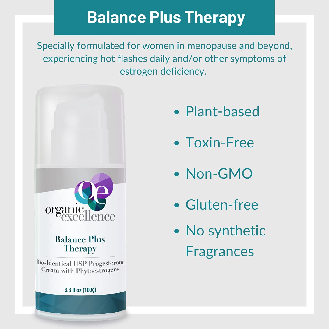 Organic Excellence Balance Plus Therapy - USP Bioidentical Organic Progesterone Cream for Women - with Phytoestrogens - for Menopause Relief and Natural Hormone Balance, 3.3 fl oz (100g) - TrustMedUSA