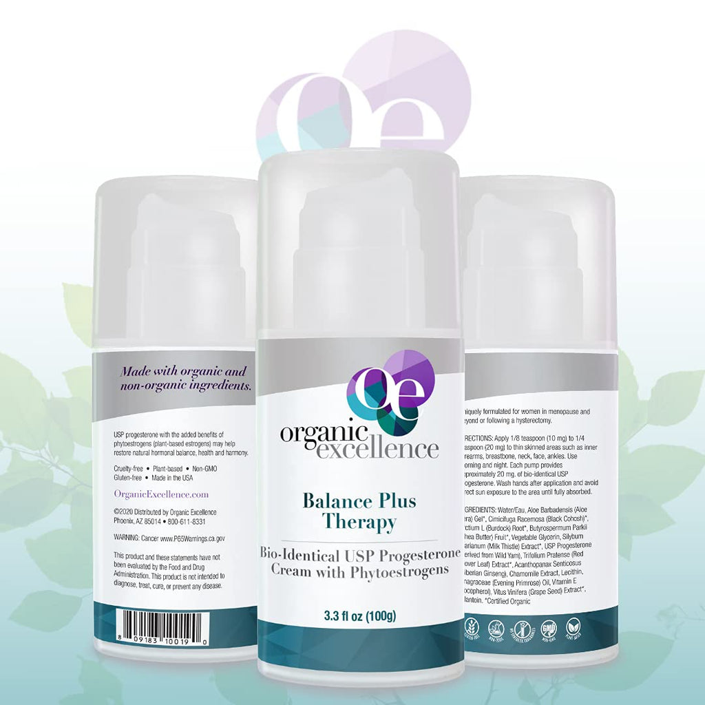 Organic Excellence Balance Plus Therapy - USP Bioidentical Organic Progesterone Cream for Women - with Phytoestrogens - for Menopause Relief and Natural Hormone Balance, 3.3 fl oz (100g) - TrustMedUSA
