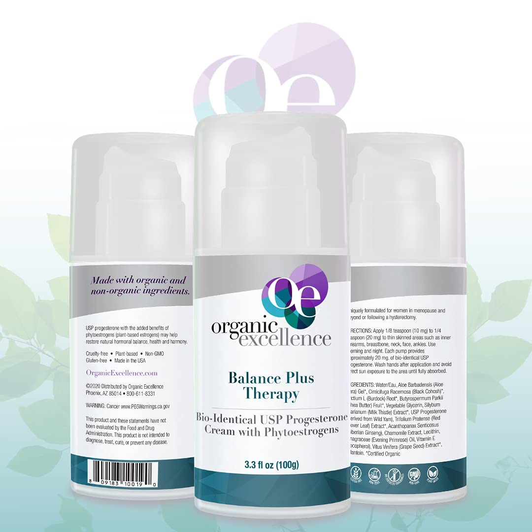 Organic Excellence Balance Plus Therapy - USP Bioidentical Organic Progesterone Cream for Women - with Phytoestrogens - for Menopause Relief and Natural Hormone Balance, 3.3 fl oz (100g) - TrustMedUSA