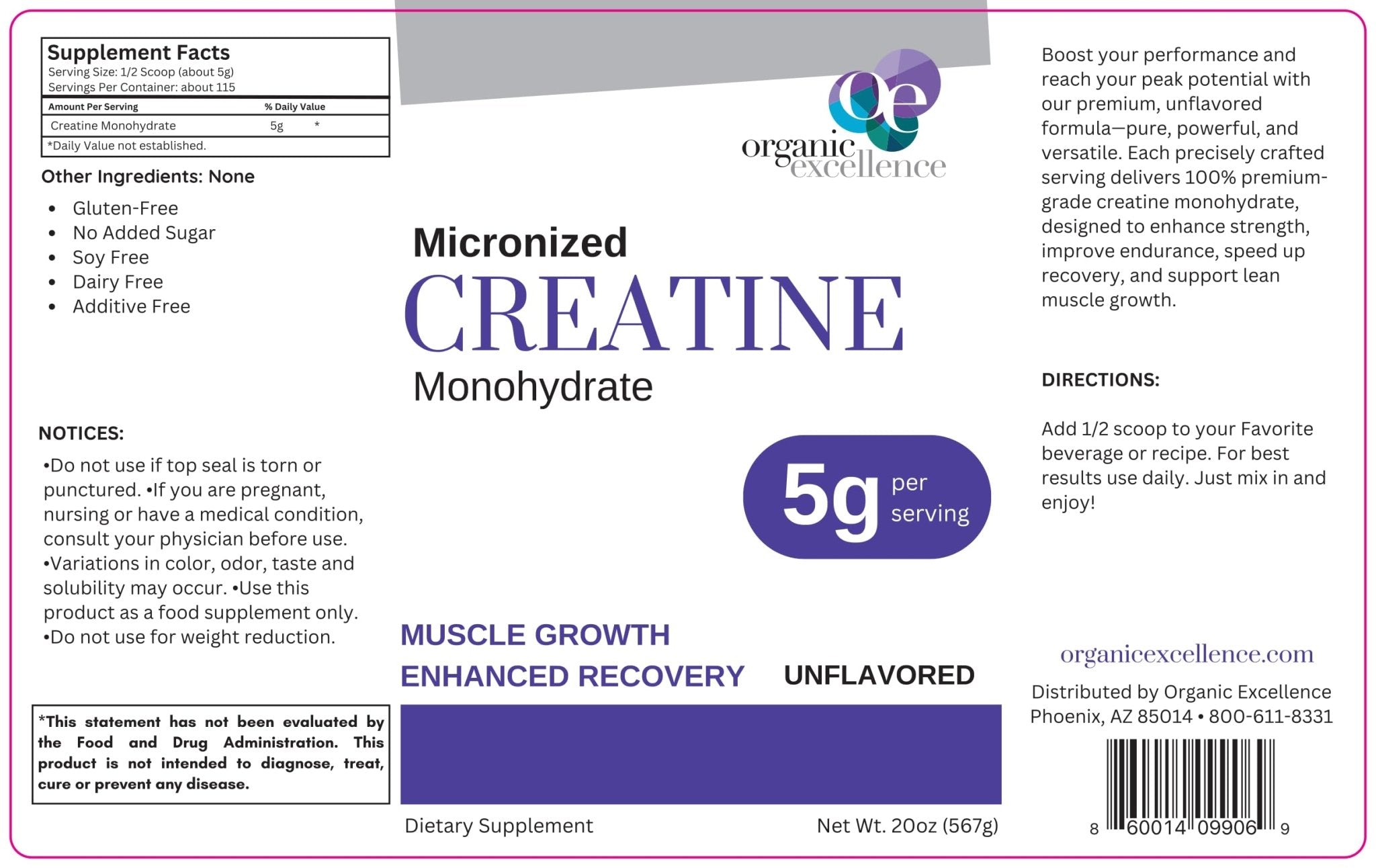 Organic Excellence Creatine Monohydrate – Micronized Creatine Powder for Muscle Growth, Strength & Recovery – Unflavored, 115 Servings - TrustMedUSA