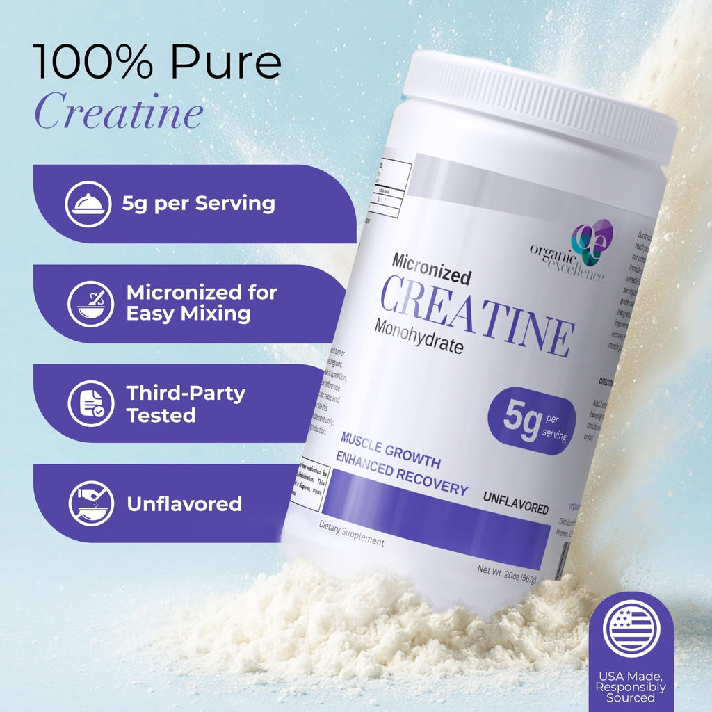 Organic Excellence Creatine Monohydrate – Micronized Creatine Powder for Muscle Growth, Strength & Recovery – Unflavored, 115 Servings - TrustMedUSA