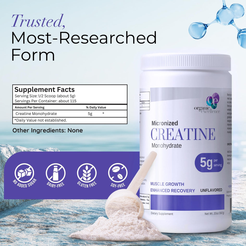 Organic Excellence Creatine Monohydrate – Micronized Creatine Powder for Muscle Growth, Strength & Recovery – Unflavored, 115 Servings - TrustMedUSA