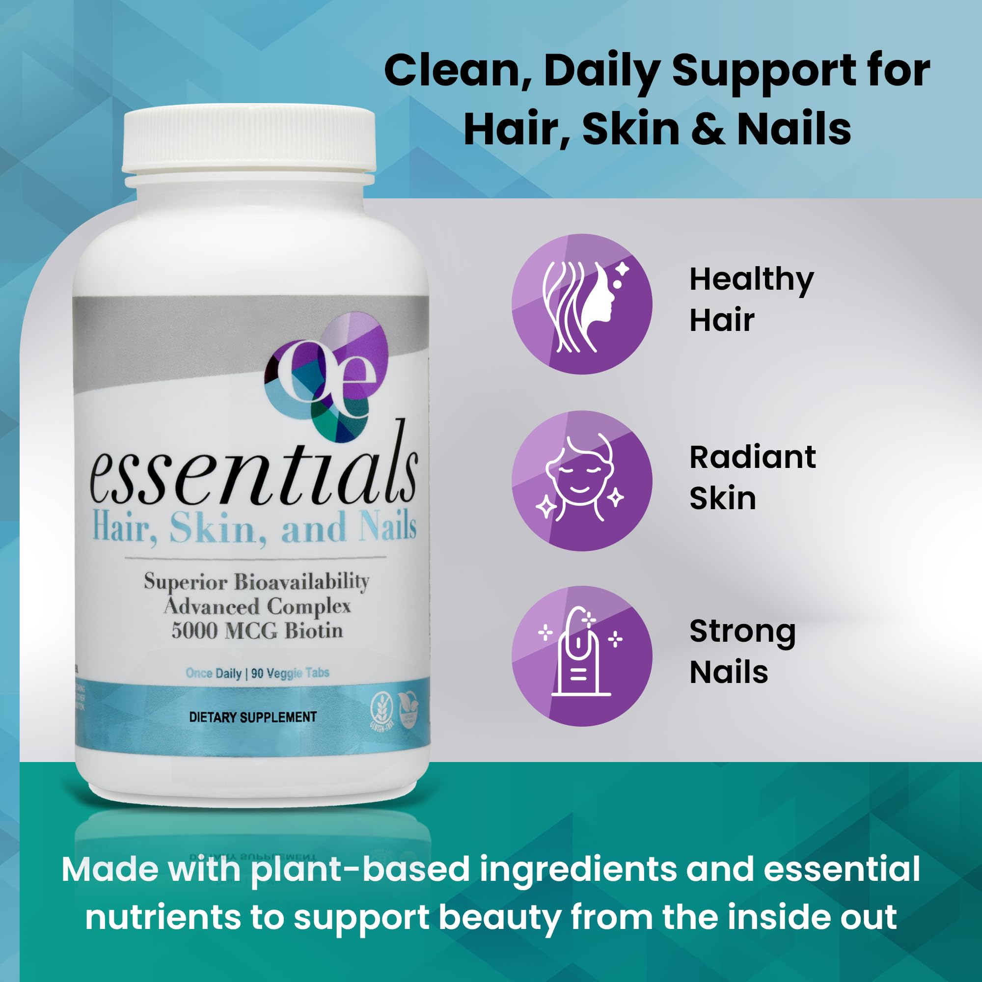 Organic Excellence Hair, Skin and Nails Vitamins for Women & Men – Biotin Supplement 5000 mcg– Hyaluronic Acid - Supports Healthy Hair Growth, Radiant Skin & Strong Nails, 1 Month Supply (30 Tablets) - TrustMedUSA