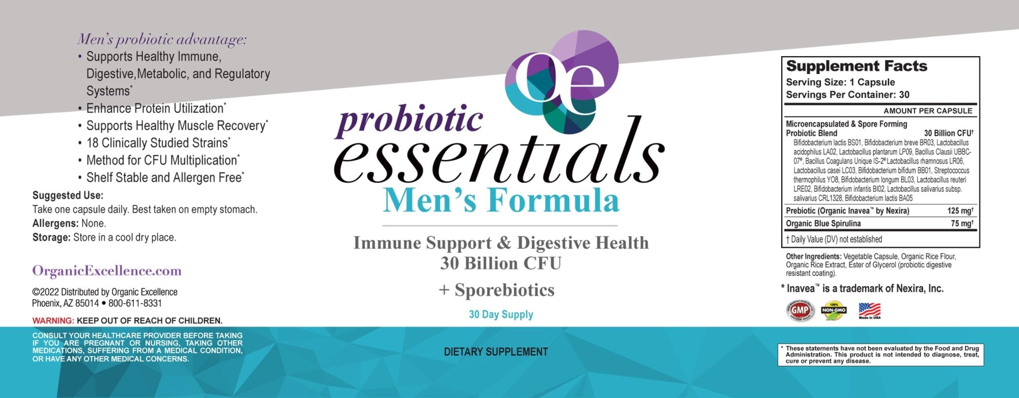 Organic Excellence Mens L Reuteri Probiotics for Gut Health with Prebiotics – 18 Strains for Digestive Health, Bloating & Immune Support – 30 Billion Probiotics + Sporebiotics – 30 Capsules - TrustMedUSA