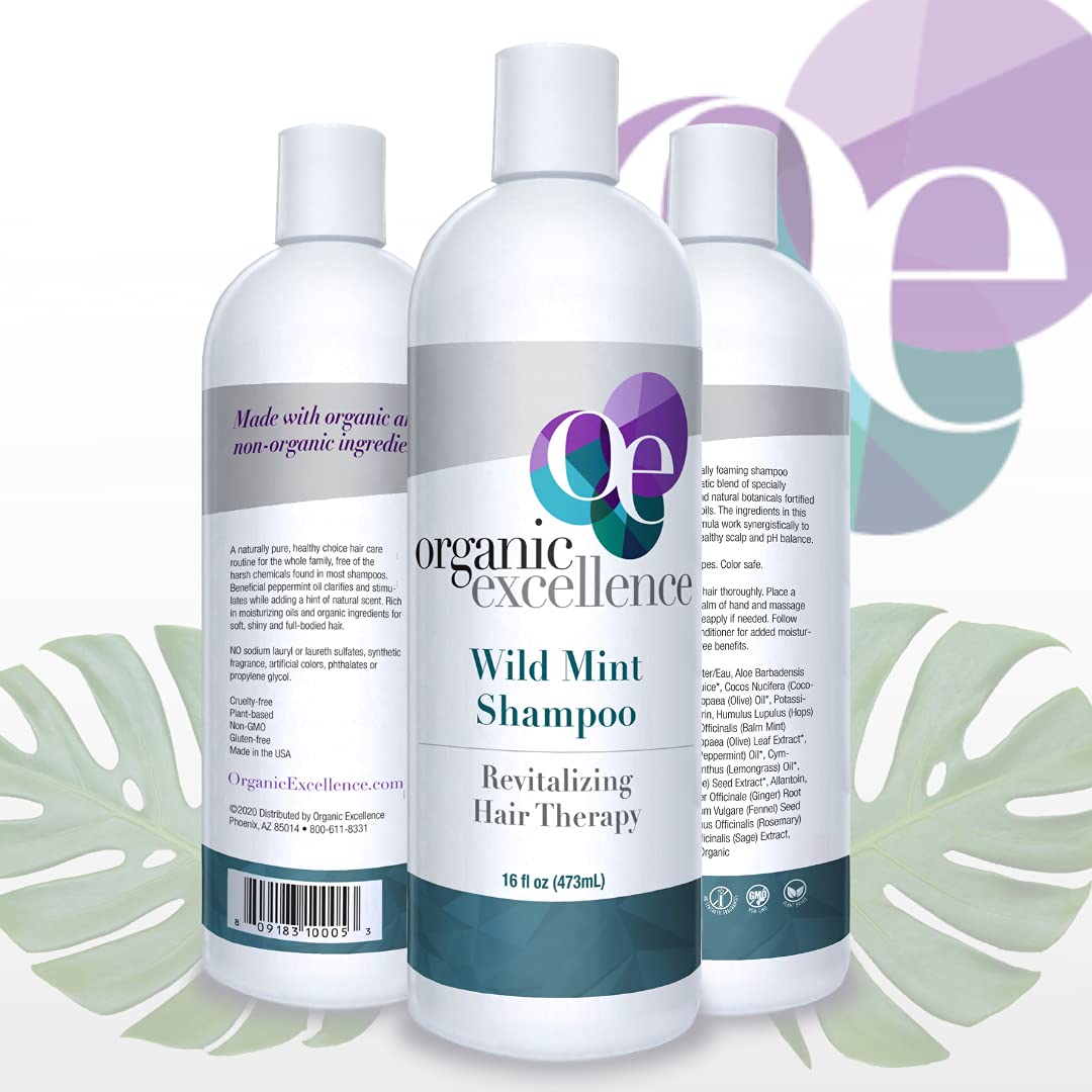 Organic Excellence Natural Organic Shampoo, Wild Mint & Rosemary, Chemical Free, Plant-Based, Toxin-Free, Cruelty-Free, Certified Herbs & Oils For Healthy Full-Bodied Hair 16 fl. oz - TrustMedUSA