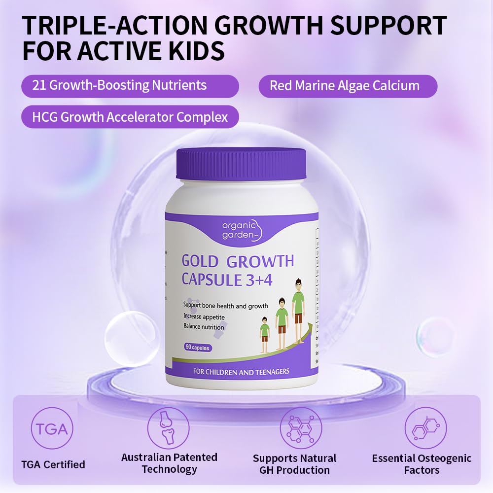 Organic Garden Natural Height Support Supplement for Teens & Young Adults - Bone Health & Growth Aid with L-Lysine, Red Algae Calcium, 19 Nutrients - 90 Capsules - TrustMedUSA