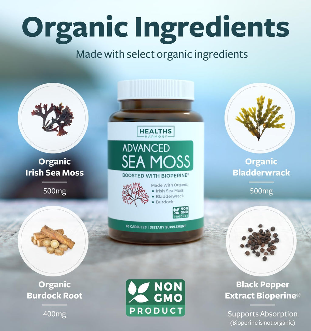 Organic Irish Sea Moss Capsules - Organic Sea Moss Capsules with Bladderwrack Burdock Root and Black Pepper Extract for Enhanced Absorption - Vegan Non-GMO & Made in the USA (1 Month Supply) - TrustMedUSA