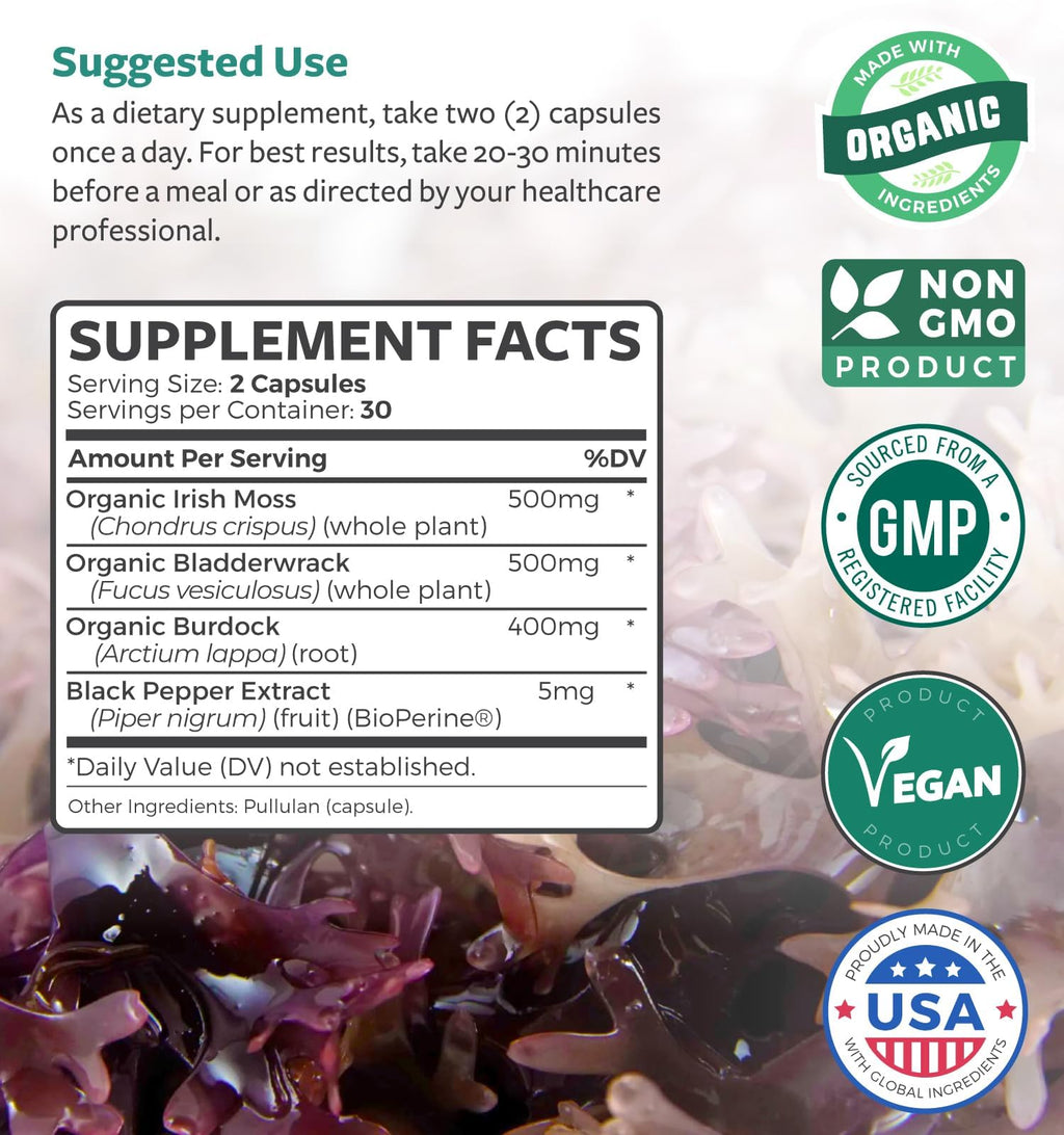Organic Irish Sea Moss Capsules - Organic Sea Moss Capsules with Bladderwrack Burdock Root and Black Pepper Extract for Enhanced Absorption - Vegan Non-GMO & Made in the USA (1 Month Supply) - TrustMedUSA