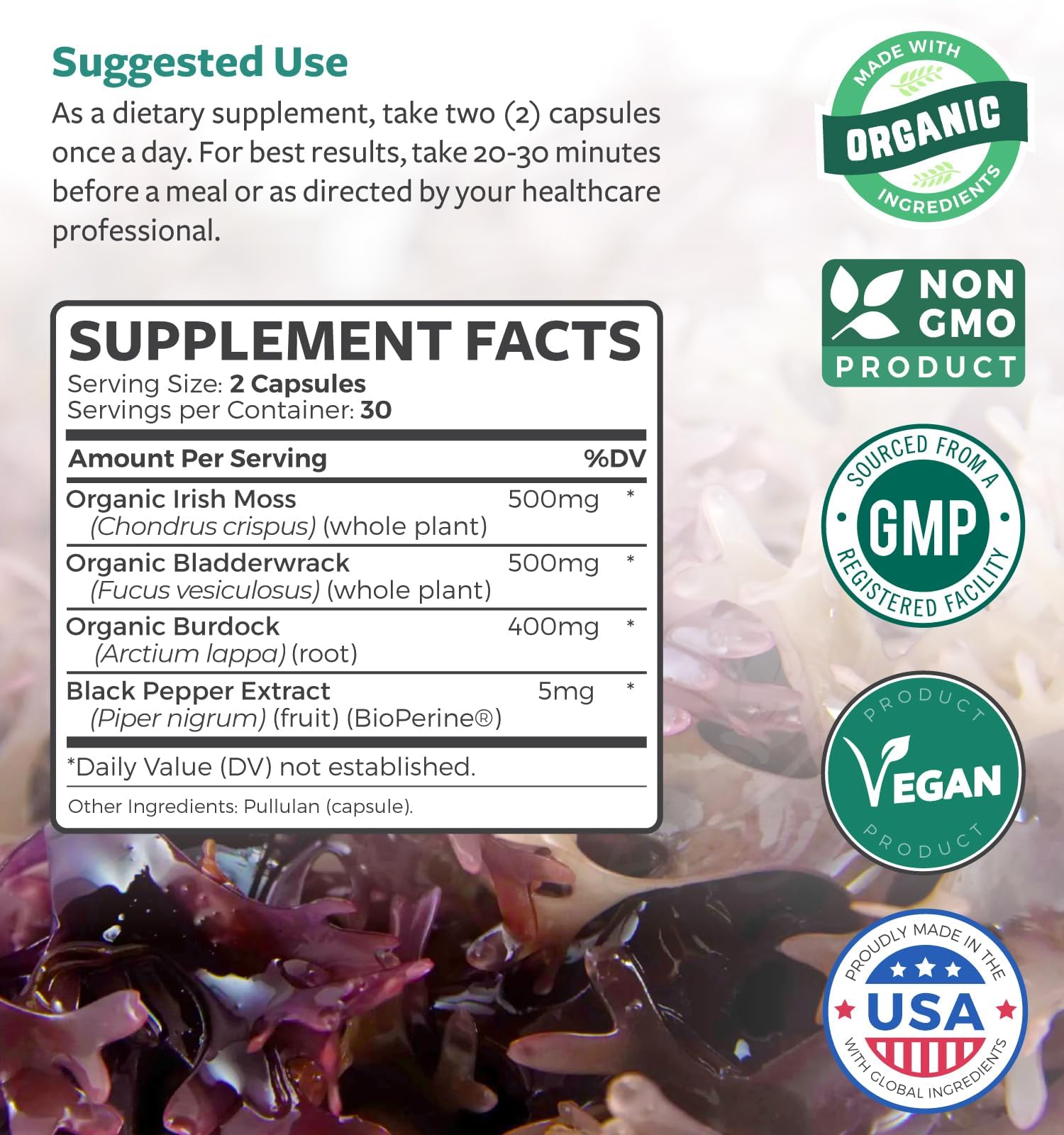 Organic Irish Sea Moss Capsules - Organic Sea Moss Capsules with Bladderwrack Burdock Root and Black Pepper Extract for Enhanced Absorption - Vegan Non-GMO & Made in the USA (1 Month Supply) - TrustMedUSA