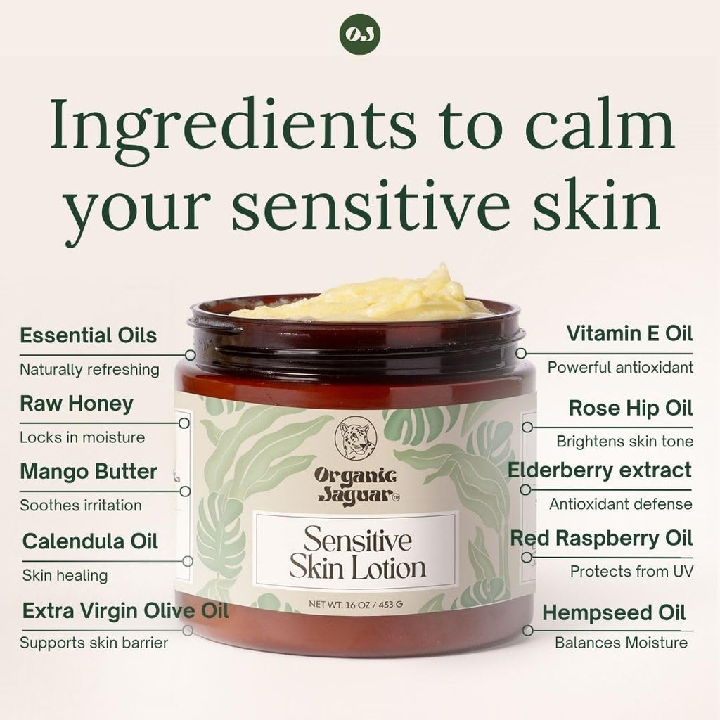 Organic Jaguar Natural Body Lotion for Sensitive Skin, Scent Free, Sulfate & Paraben Free Body Care, Moisturizer With Essential Oils, Vitamin E Oil, Beeswax, Extra Virgin Olive Oil, Raw Honey, 8 oz - TrustMedUSA