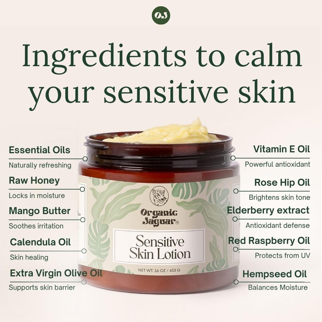 Organic Jaguar Natural Body Lotion for Sensitive Skin, Scent Free, Sulfate & Paraben Free Body Care, Moisturizer With Essential Oils, Vitamin E Oil, Beeswax, Extra Virgin Olive Oil, Raw Honey, 8 oz - TrustMedUSA