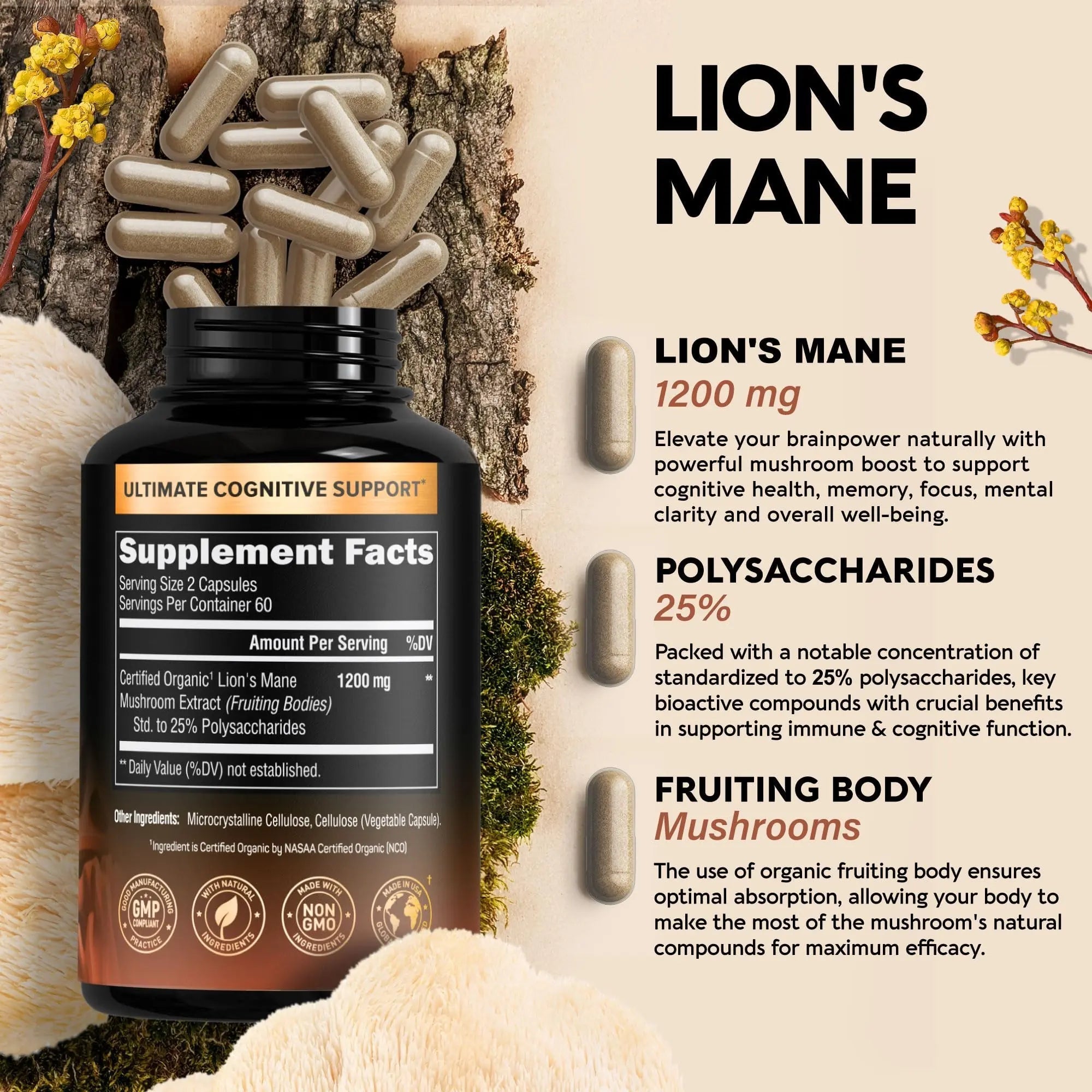 Organic Lions Mane - Certified Mushroom Supplement - Made in USA - Fruiting Bodies - TrustMedUSA