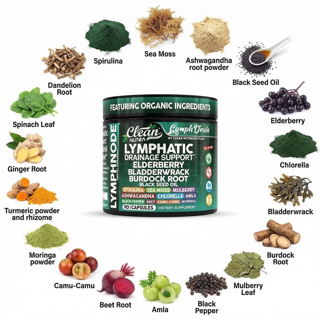 Organic Lymphatic Drainage Supplements | Elderberry Bladderwrack Burdock Root Black Seed Oil Spirulina Sea Moss Ashwagandha Chlorella Amla Beet Moringa Chlorophyll Lymph System Capsules By Clean Nutra - Maple Wellness Supplements