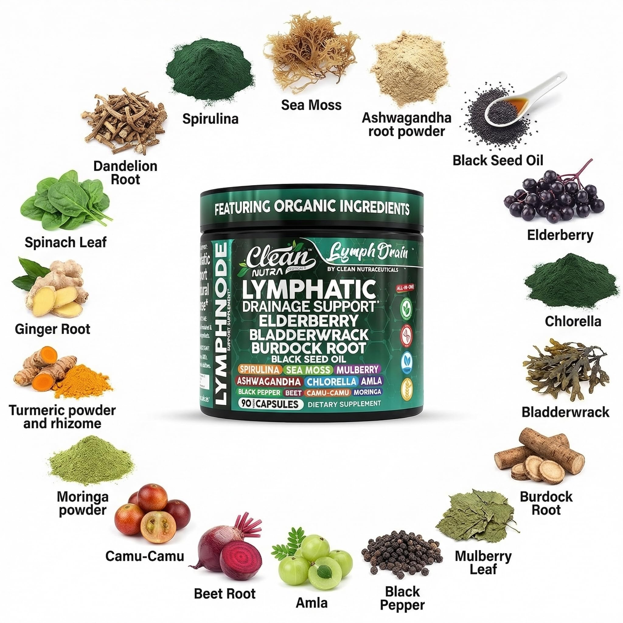 Organic Lymphatic Drainage Supplements | Elderberry Bladderwrack Burdock Root Black Seed Oil Spirulina Sea Moss Ashwagandha Chlorella Amla Beet Moringa Chlorophyll Lymph System Capsules By Clean Nutra - Maple Wellness Supplements