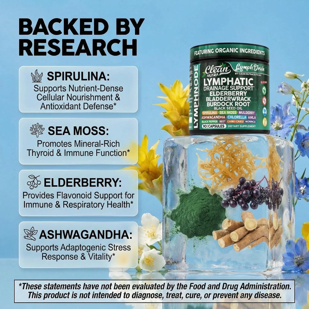 Organic Lymphatic Drainage Supplements | Elderberry Bladderwrack Burdock Root Black Seed Oil Spirulina Sea Moss Ashwagandha Chlorella Amla Beet Moringa Chlorophyll Lymph System Capsules By Clean Nutra - Maple Wellness Supplements