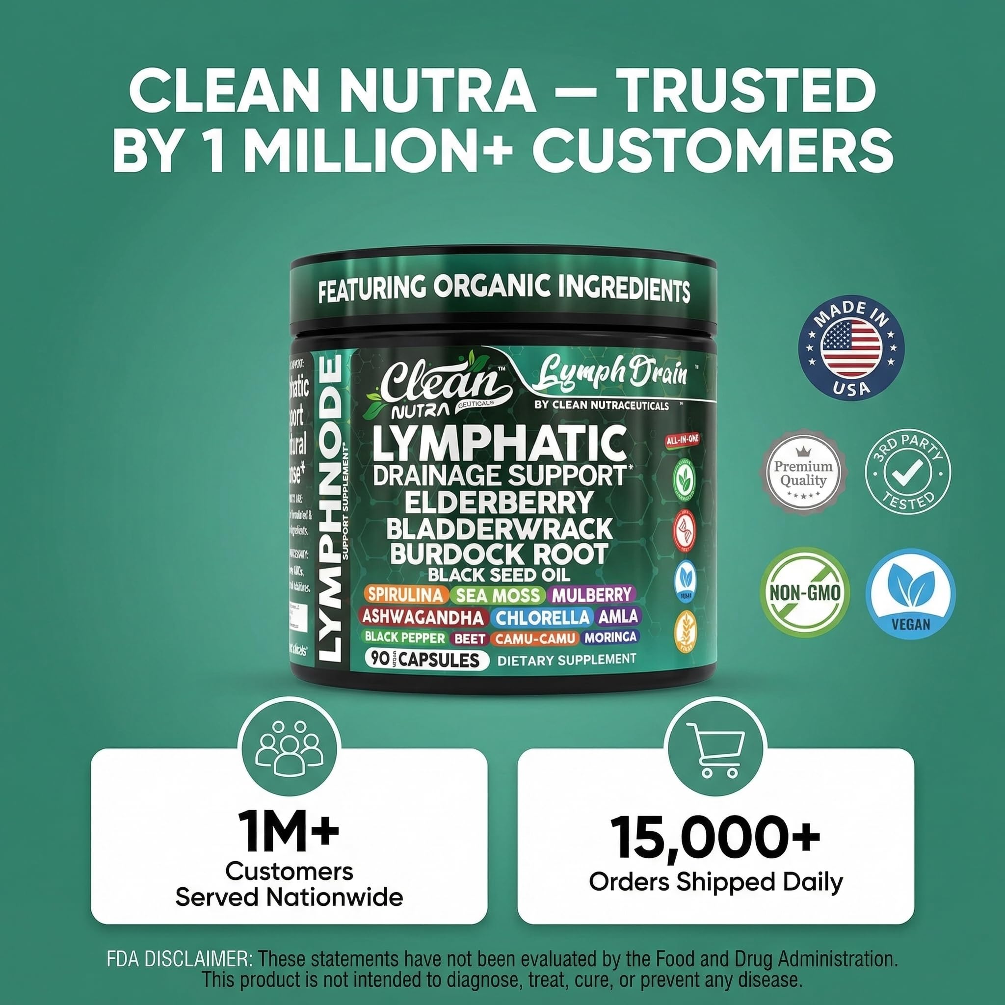Organic Lymphatic Drainage Supplements | Elderberry Bladderwrack Burdock Root Black Seed Oil Spirulina Sea Moss Ashwagandha Chlorella Amla Beet Moringa Chlorophyll Lymph System Capsules By Clean Nutra - Maple Wellness Supplements