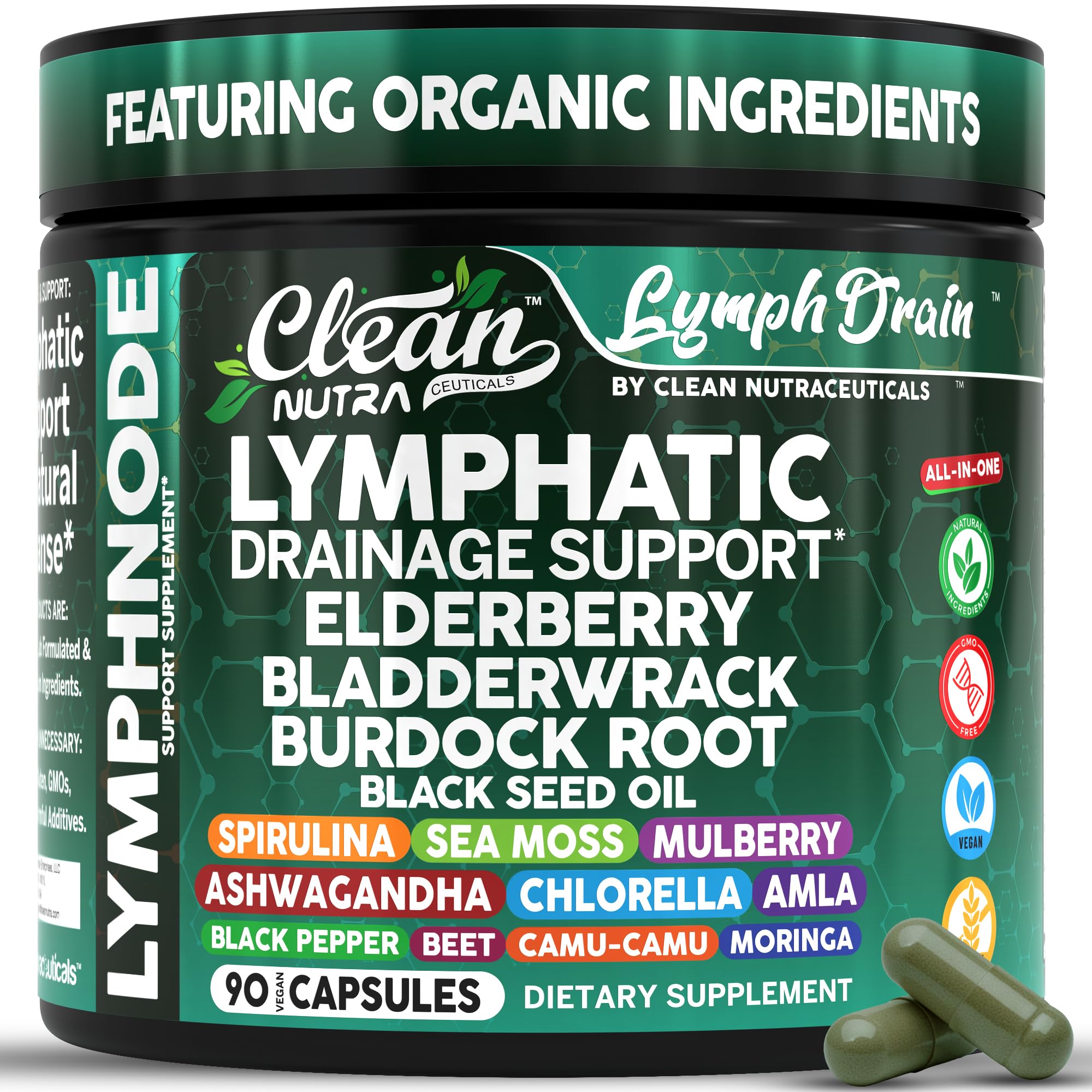 Organic Lymphatic Drainage Supplements | Elderberry Bladderwrack Burdock Root Black Seed Oil Spirulina Sea Moss Ashwagandha Chlorella Amla Beet Moringa Chlorophyll Lymph System Capsules By Clean Nutra - Maple Wellness Supplements