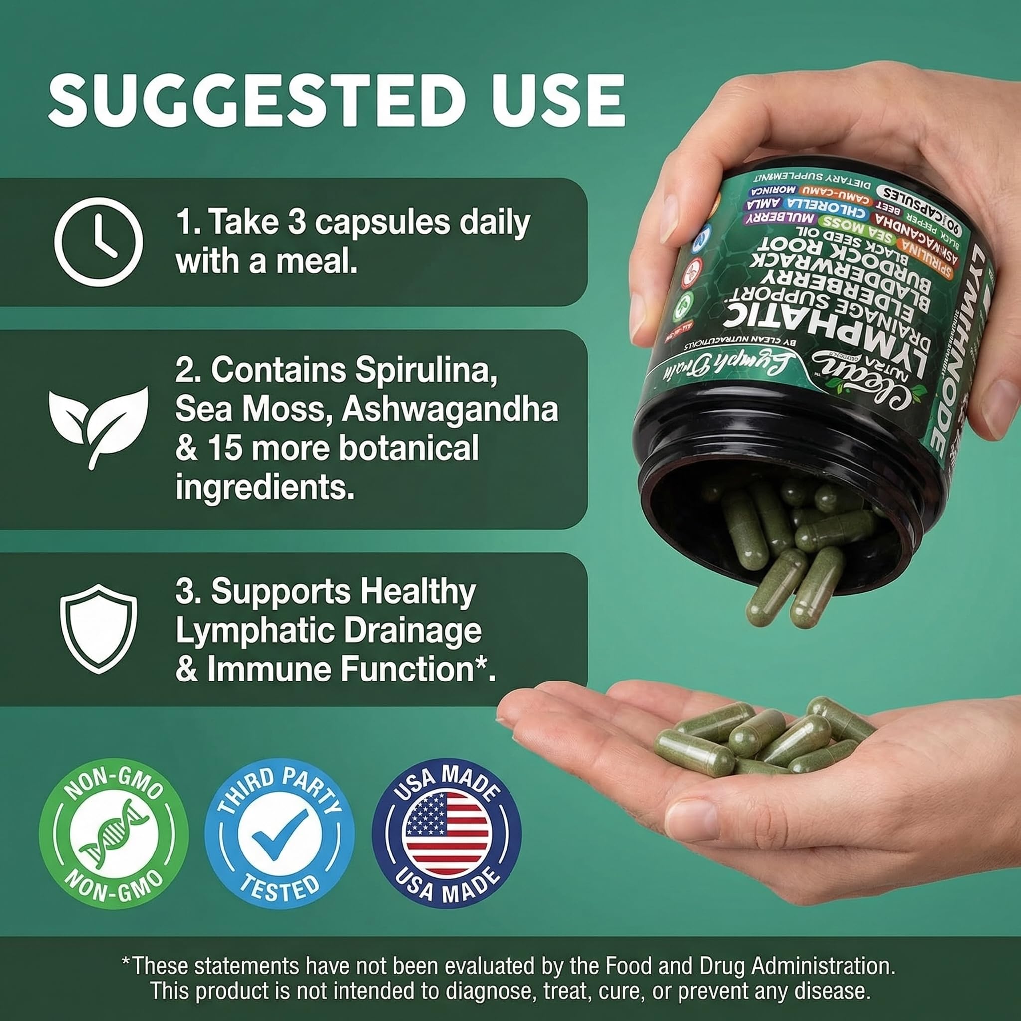 Organic Lymphatic Drainage Supplements | Elderberry Bladderwrack Burdock Root Black Seed Oil Spirulina Sea Moss Ashwagandha Chlorella Amla Beet Moringa Chlorophyll Lymph System Capsules By Clean Nutra - Maple Wellness Supplements