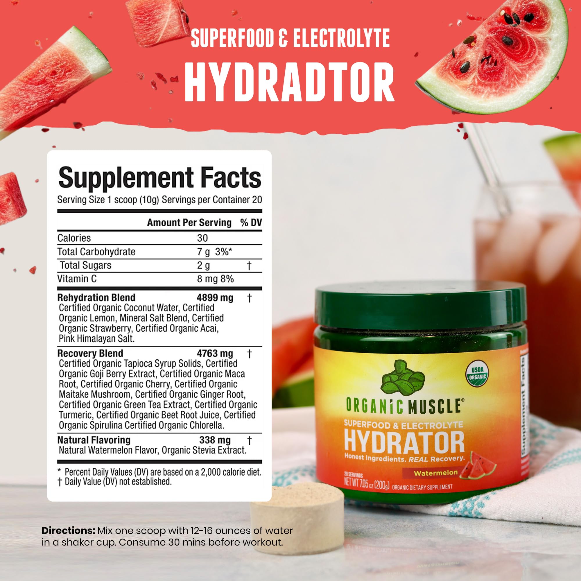 Organic Muscle Hydrator | Natural Electrolyte Powder for Peak Performance & Recovery - Watermelon Flavor, 20 Servings - TrustMedUSA