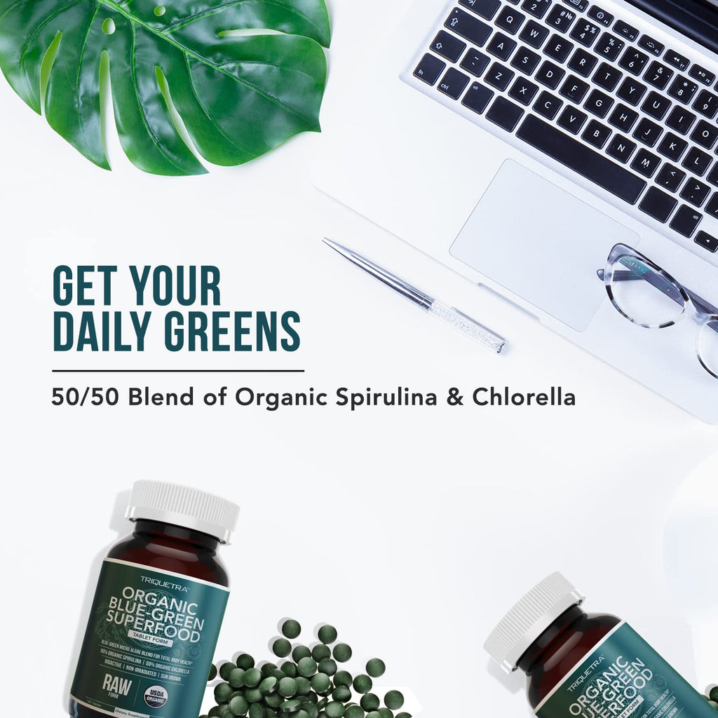 Organic Spirulina & Chlorella Tablets – 4 Organic Certifications, Raw, Non-Irradiated – 50/50 Blue Green Algae Blend – Antioxidant Content Equal to 5 Servings of Vegetables (120 Tablets) - TrustMedUSA