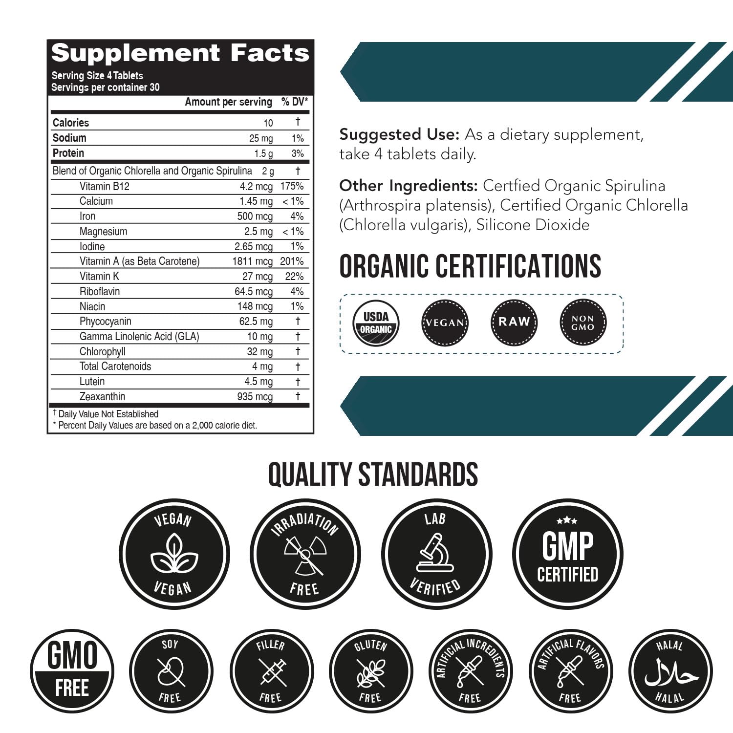 Organic Spirulina & Chlorella Tablets – 4 Organic Certifications, Raw, Non-Irradiated – 50/50 Blue Green Algae Blend – Antioxidant Content Equal to 5 Servings of Vegetables (120 Tablets) - TrustMedUSA