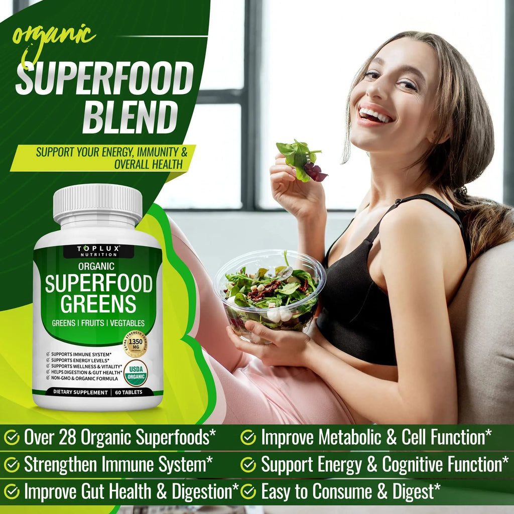 Organic Super Greens Capsules Superfood Fruit Veggie Supplement - 28 Powerful Natural - TrustMedUSA