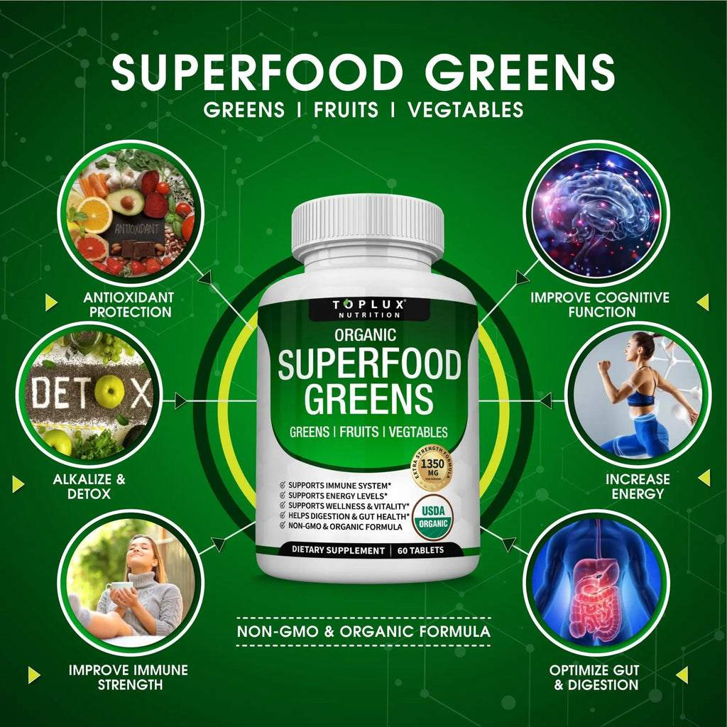Organic Super Greens Capsules Superfood Fruit Veggie Supplement - 28 Powerful Natural - TrustMedUSA