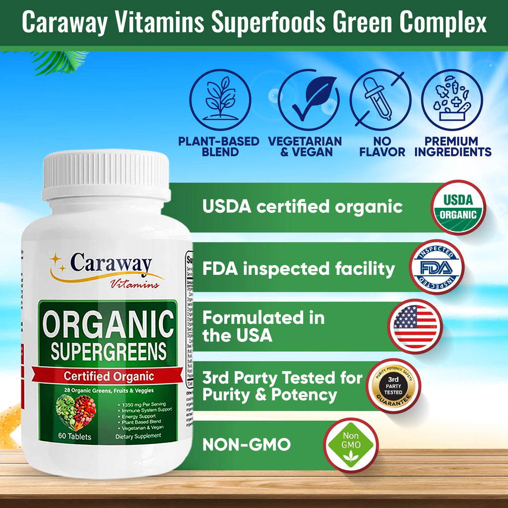 Organic Superfoods Vitamins Super Greens Complex by Caraway Vitamins 1,350 mg per Serving 28 Fruits Vegetables Greens 60 Count Tablets Non-GMO Natural for Men & Women - TrustMedUSA