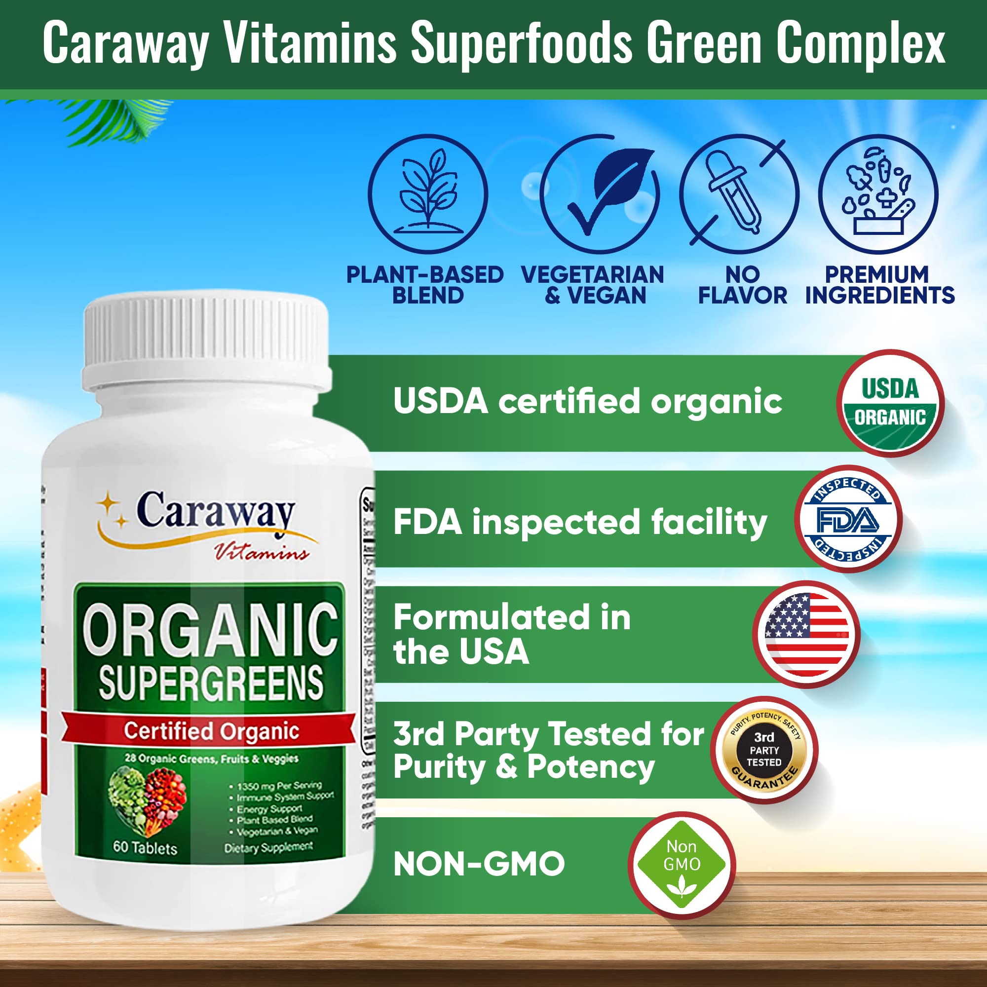 Organic Superfoods Vitamins Super Greens Complex by Caraway Vitamins 1,350 mg per Serving 28 Fruits Vegetables Greens 60 Count Tablets Non-GMO Natural for Men & Women - TrustMedUSA