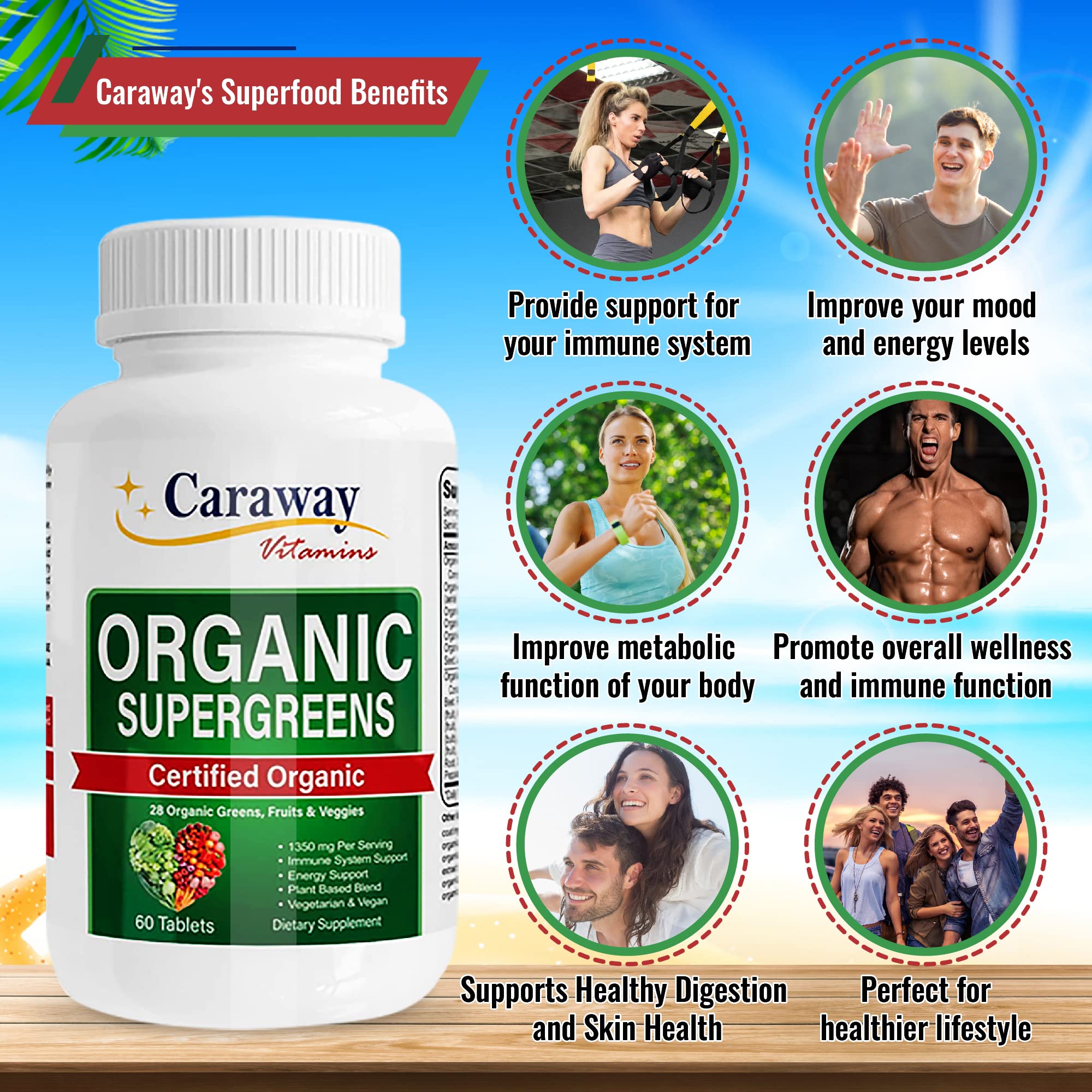 Organic Superfoods Vitamins Super Greens Complex by Caraway Vitamins 1,350 mg per Serving 28 Fruits Vegetables Greens 60 Count Tablets Non-GMO Natural for Men & Women - TrustMedUSA