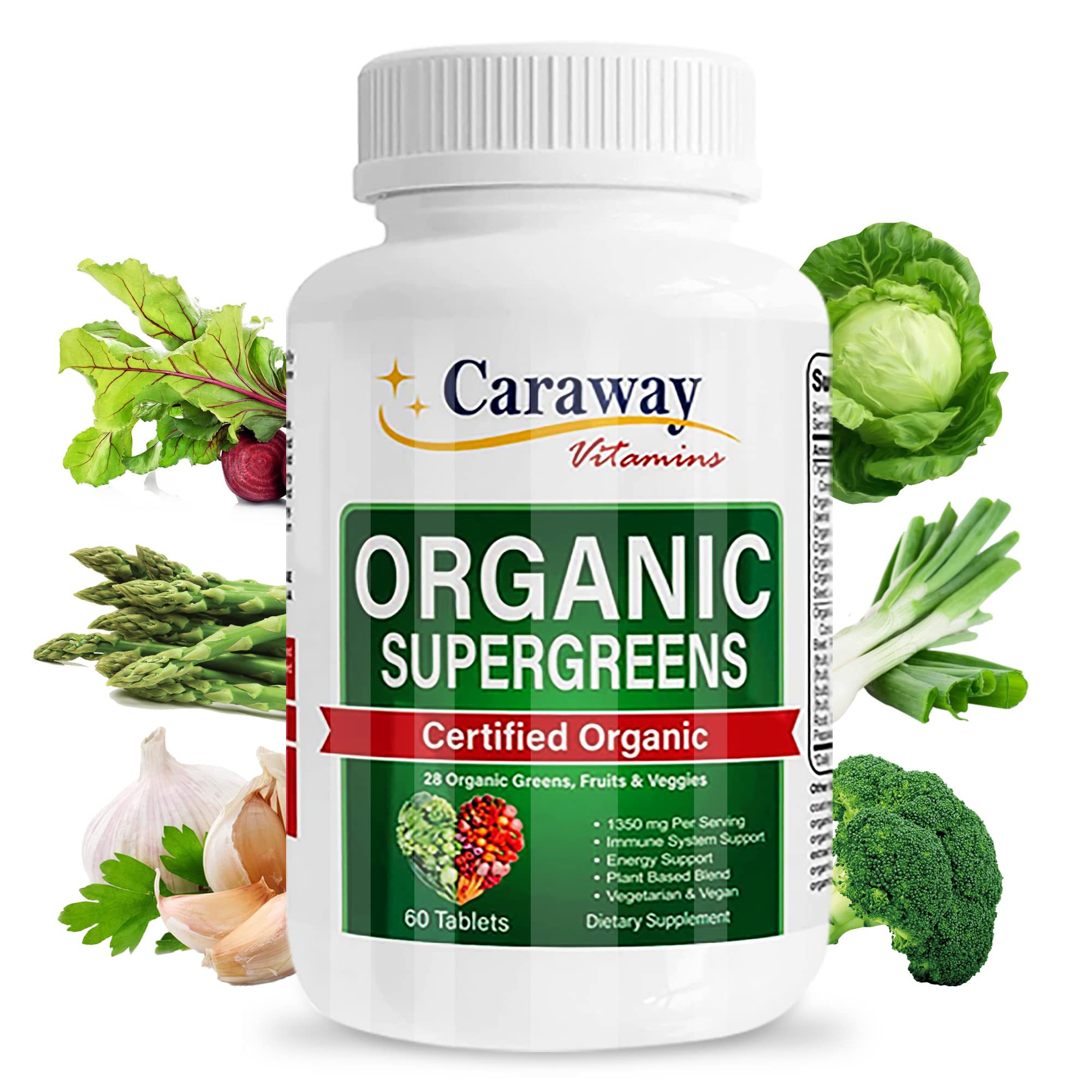 Organic Superfoods Vitamins Super Greens Complex by Caraway Vitamins 1,350 mg per Serving 28 Fruits Vegetables Greens 60 Count Tablets Non-GMO Natural for Men & Women - TrustMedUSA