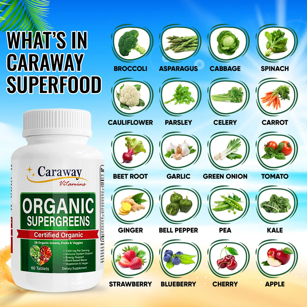 Organic Superfoods Vitamins Super Greens Complex by Caraway Vitamins 1,350 mg per Serving 28 Fruits Vegetables Greens 60 Count Tablets Non-GMO Natural for Men & Women - TrustMedUSA